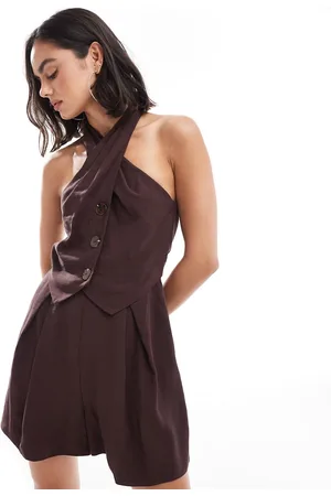 ASOS – Durchgeknöpfter Playsuit in Schokoladenbraun mit verdrehtem Ausschnitt