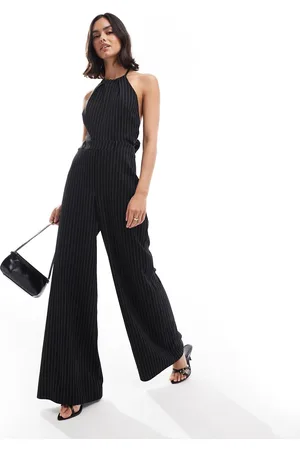 ASOS – Jumpsuit in Schwarz und Weiß gestreift mit Neckholder und Bindeband am Rücken