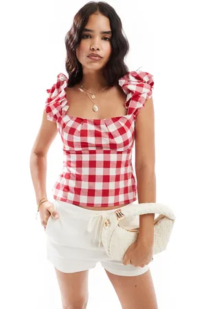 ASOS – Camisole in Rot mit Vichy-Karomuster und großen Rüschen