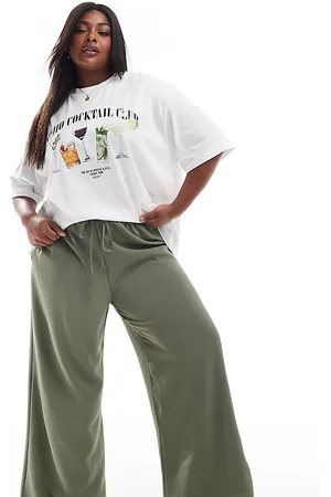 Yours – Hose aus Twill in verwaschenem Olivgrün mit weitem Bein