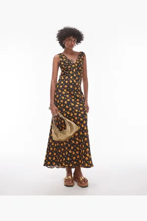Topshop – Midi-Trägerkleid mit orangefarbenem Blumenmuster im Vintage-Stil und V-Ausschnitt vorne und hinten