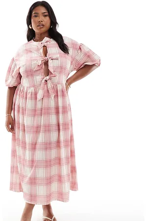 ASOS ASOS DESIGN Curve – Rot kariertes Maxikleid mit Puffärmeln und geschnürter Vorderseite