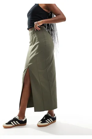ASOS – Midirock in Khaki mit Schlitz vorn