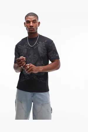 Topman – Hochwertiges Oversize-T-Shirt in verwaschenem mit Print mit religiösen Symbolen auf Vorder- und Rückseite