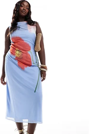 ASOS ASOS DESIGN Curve – Ärmelloses Midaxi-Kleid aus Netzstoff in Blau mit Blumenmotiv