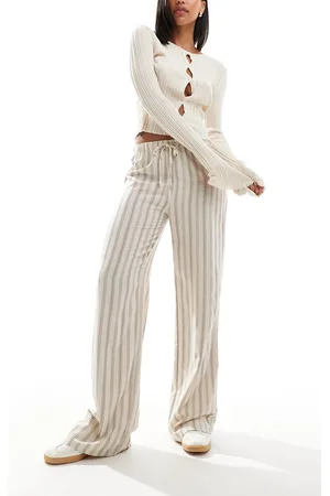 Pull&Bear – Hose in Ecru gestreift mit weitem Bein