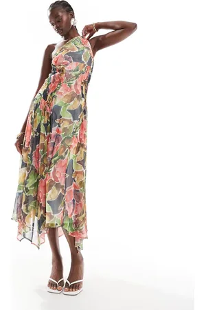 ASOS – Midikleid mit Blumen-Print, One-Shoulder-Träger und gerafften Seiten