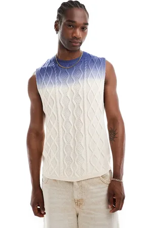ASOS – Lockeres Strick-Tanktop in Blau und Ecru mit Ombre-Effekt und Zopfmuster