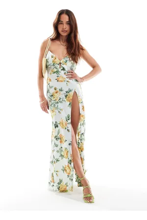 ASOS – Midaxikleid aus Satin in Minzgrün geblümt mit Spitzeneinsatz und Schlüssellochausschnitt