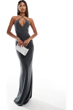 Fashionkilla – Anschmiegsames, doppellagiges Maxikleid in Schiefergrau mit Wickeldesign
