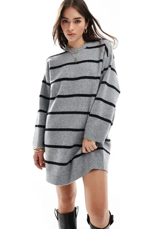 ASOS – Minikleid in Grau gestreift mit Rundhalsausschnitt und breiten Bündchen