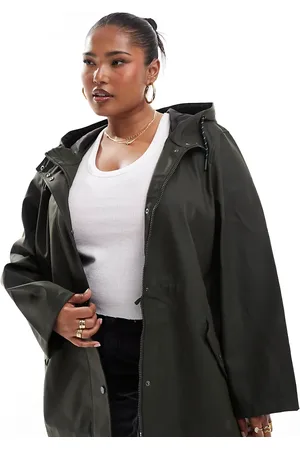 VERO MODA – Beschichtete Regenjacke in dunklem Khaki mit Kapuze