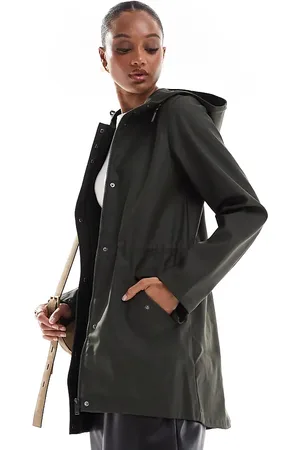 VERO MODA – Beschichtete Regenjacke in dunklem Khaki mit Kapuze