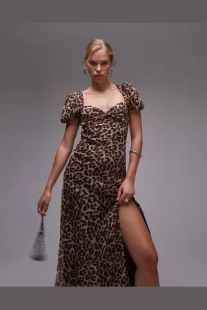Topshop – Kleid für besondere Anlässe mit Animal-Print und gerafften Ärmeln