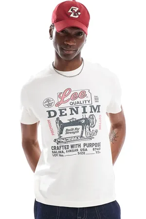 Lee – T-Shirt aus Denim in gebrochenem mit Logo-Print und Nähmaschinen-Motiv