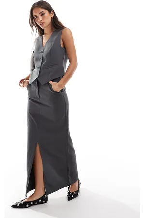 Pieces® – Eleganter Maxirock mit Schlitz vorne in Magnetgrau