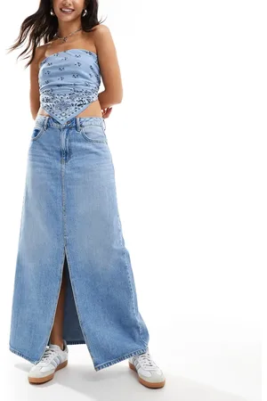 VERO MODA – Denim-Midirock in mittelblauer Waschung mit Schlitz vorne und Taschendetail