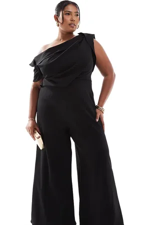 ASOS ASOS DESIGN Curve – Jumpsuit in Schwarz mit abfallender Schulterpartie, gefaltetem Detail und weitem Bein