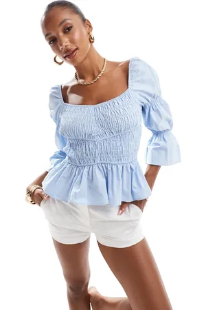 River Island – Gerafftes, langärmliges Oberteil in Hellblau