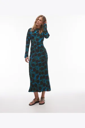 Topshop – Langärmliges Maxikleid in mit verschwommenem Print und Schlitzausschnitt