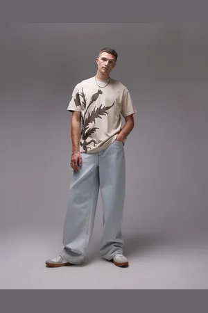Topman – Hochwertiges Oversize-T-Shirt in verwaschenem Steinbeige mit Distel-Print auf Vorder- und Rückseite
