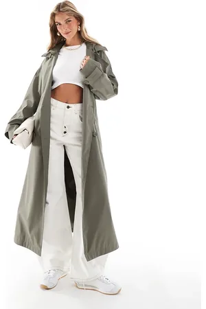 ASOS – Gummierter Regen-Trenchcoat in Khaki mit Kapuze und Gürteldetail
