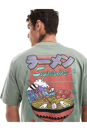 Only & Sons – Lässig geschnittenes T-Shirt in verwaschenem Khaki mit Nudel-Rückenprint