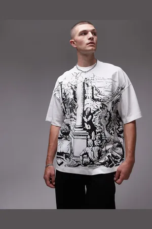 Topman – Premium – Schweres Super-Oversize-T-Shirt in Ecru mit mittelalterlichem Szenenprint auf Vorder- und Rückseite