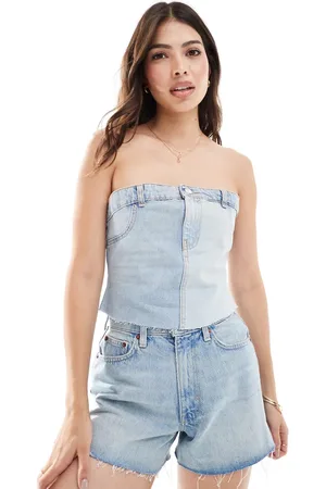 Pull&Bear – Korsett-Top aus Denim in verwaschenem mit kontrastierendem Bund-Detail