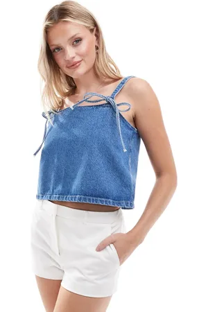 ASOS – Camisole-Oberteil aus Denim in Mittelblau mit schmalen Schleifen-Trägern