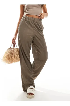 JDY – Plissierte Hose in Hellbraun mit weitem Bein und hohem Bund