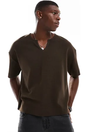 ASOS – Oversize-T-Shirt in Dunkelbraun mit Waffelstruktur und U-Ausschnitt
