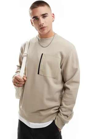 JACK & JONES – Oversize-Sweatshirt in verwaschenem Beige mit Rundhalsausschnitt und Nylon-Brusttasche