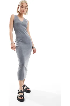Daisy Street – Geripptes Midikleid in Anthrazit mit U-Ausschnitt, Spitzenbesatz und Rosette