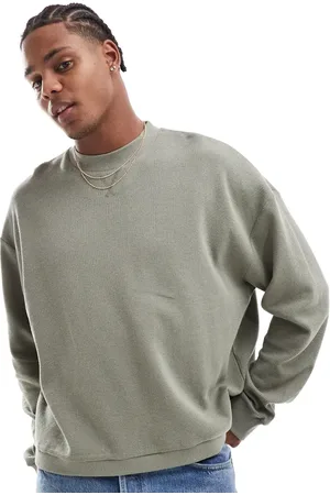 ASOS – Langärmliges, kastiges Oversize-Shirt in Khaki mit Waffelstruktur und Saumband