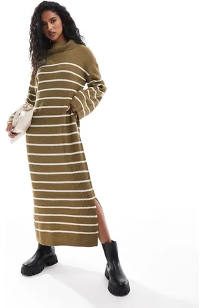 VILA – Hochgeschlossenes Maxi-Strickkleid in gestreiftem Olivgrün