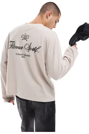 ASOS – Langärmliges Oversize-Shirt in Beige mit Waffelstruktur und Sport-Text-Print auf dem Rücken
