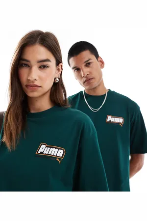 PUMA – T-Shirt in Dunkelgrün mit Logo auf der linken Brust