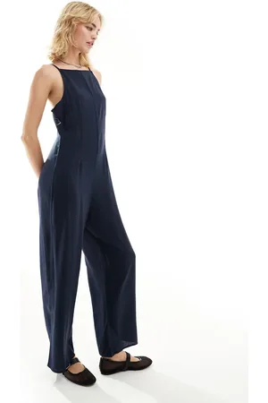 Monki – Jumpsuit in Marineblau mit weitem Bein und quadratischem Ausschnitt