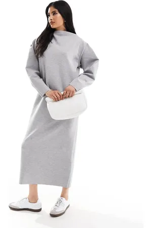 ASOS ASOS DESIGN – Langärmliges Midi-Sweatshirt-Kleid in Grau mit abgerundetem U-Boot-Ausschnitt