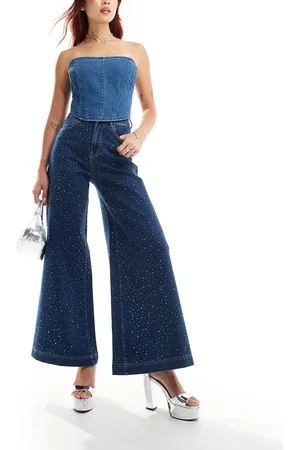 Amy Lynn – Verzierte Jeans in dunkler Waschung mit weitem Bein