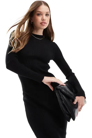 VILA – Geripptes Bodycon-Midikleid aus schwarzem Strick