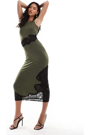 Rare Fashion London – Ärmelloses Midikleid in Khaki mit kontrastierender Spitze