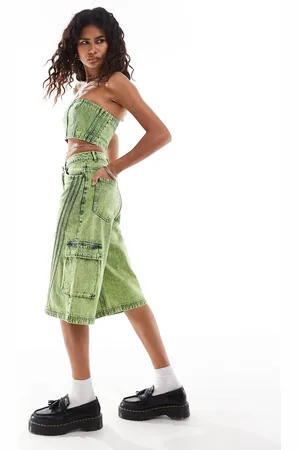adidas – Adilenium – Capri-Shorts aus Denim in limettengrüner Waschung, Kombiteil