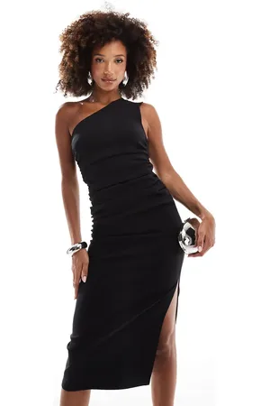 In The Style – Gerafftes Bengaline-Midikleid in mit One-Shoulder-Träger
