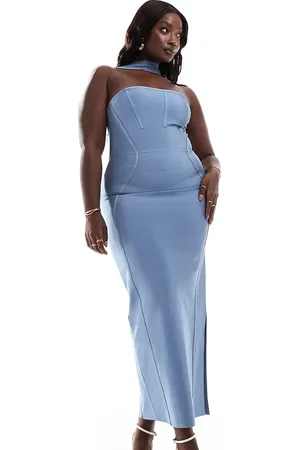 ASOS ASOS DESIGN Curve – Trägerloses Midikleid in Stahlblau mit Bandagen-Design und Neckholder-Detail