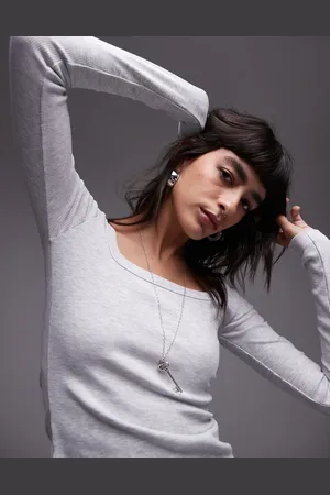 Topshop – Langärmliges Oberteil in meliertem mit eckigem Ausschnitt