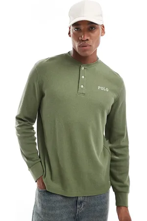 Ralph Lauren – Langärmliges Lounge-Henley-Shirt in Olivgrün mit Waffelstruktur