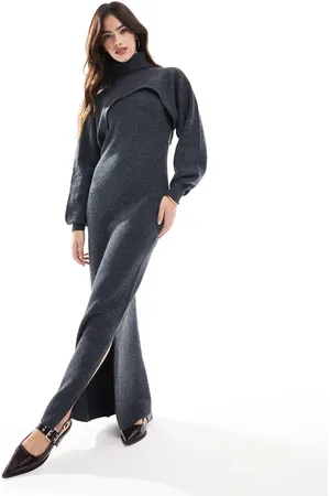 Pieces® – Bodycon-Maxikleid aus Strickgewebe in Anthrazit mit Ringerrücken-Ausschnitt, Kombiteil