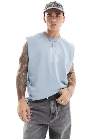 ASOS – Oversize-Tanktop in verwaschenem Blau mit Himmelskörper-Print auf der Brust, 220 g/m² schwer